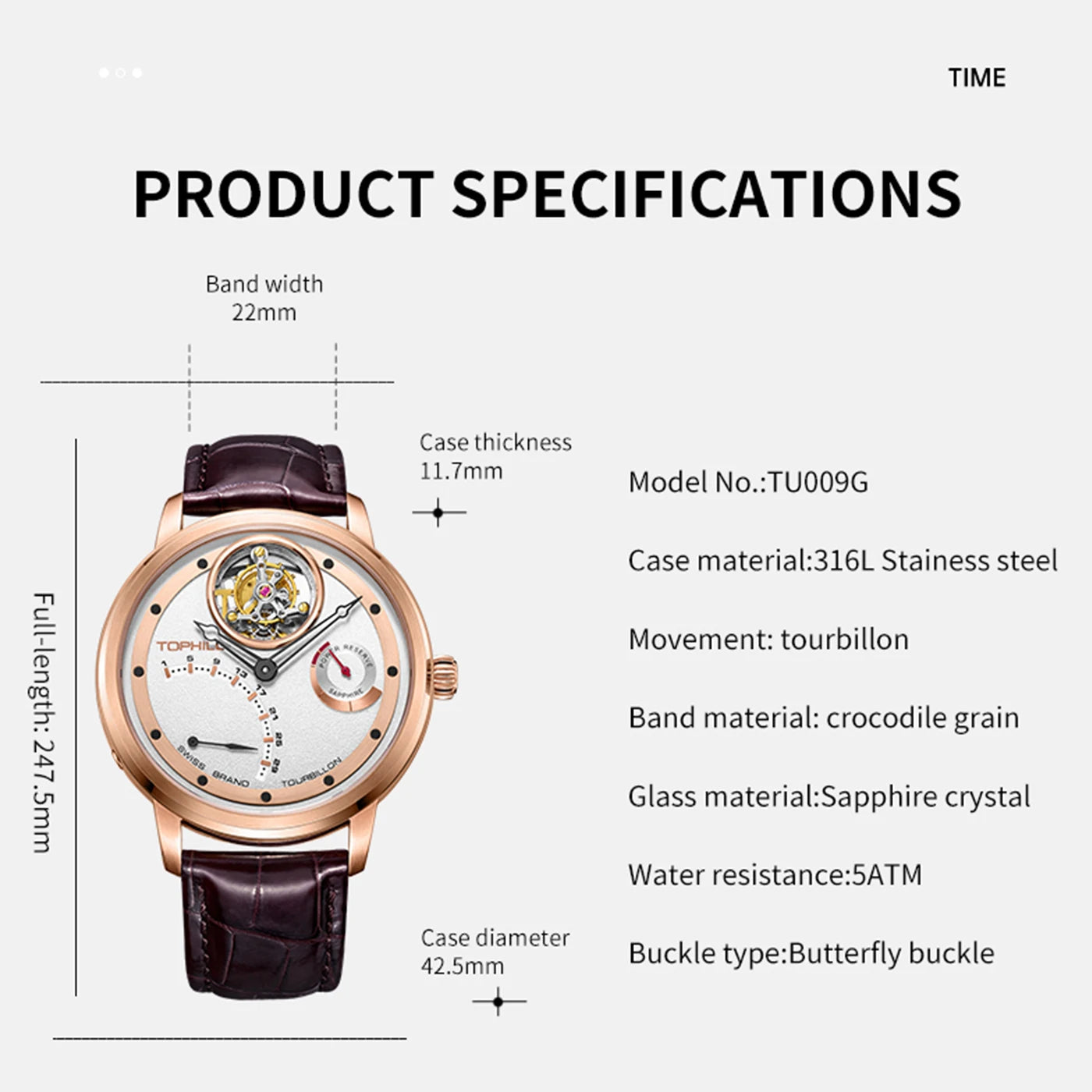 Tourbillon Wristwatch Rose-Gold Tone Case Leather Strap — Burgundy | KIMLUD