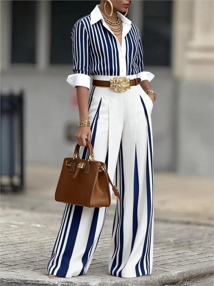 Silk Look Striped Two-Piece Set Belt — Black | KIMLUD