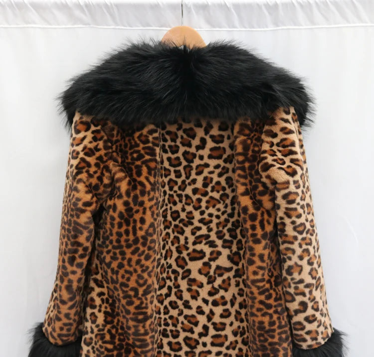 Women's leopard-print fur coat Long mink coat fox fur large fur collar winter trench coat loose and large size