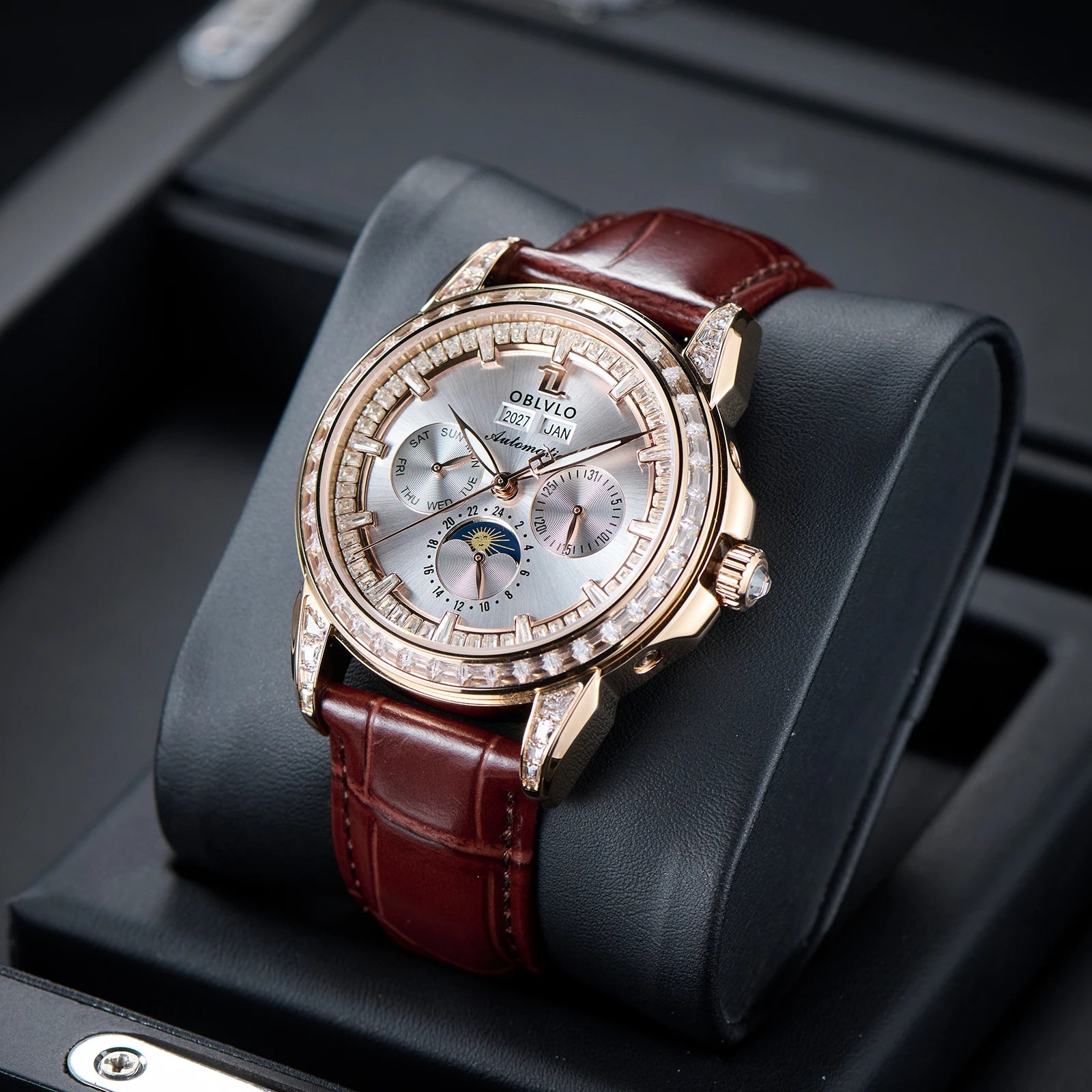 Moonphase Diamond Bezel Automatic Watch With White Dial Leather Strap — Rose Gold | KIMLUD