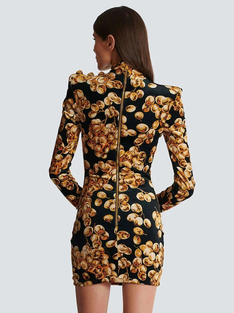 KIMLUD, VC Grape Printed Gold Velvet Turtleneck Slim Mini Dress Women Button Design Long Sleeves Celebrity Cocktail Club Party Dress, KIMLUD Womens Clothes