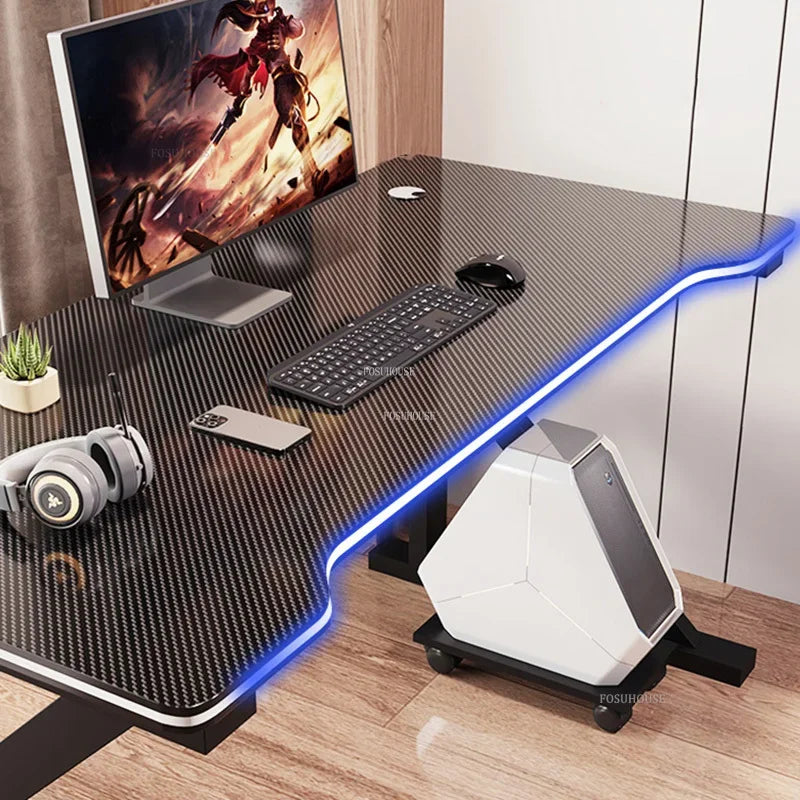 Metal Frame Modern Simple Office Desk Rectangular Work Surface With LED Edge — Black | KIMLUD