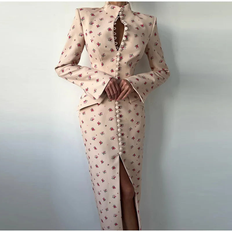 Cotton Elegant Floral Blazer Dress — Beige | KIMLUD
