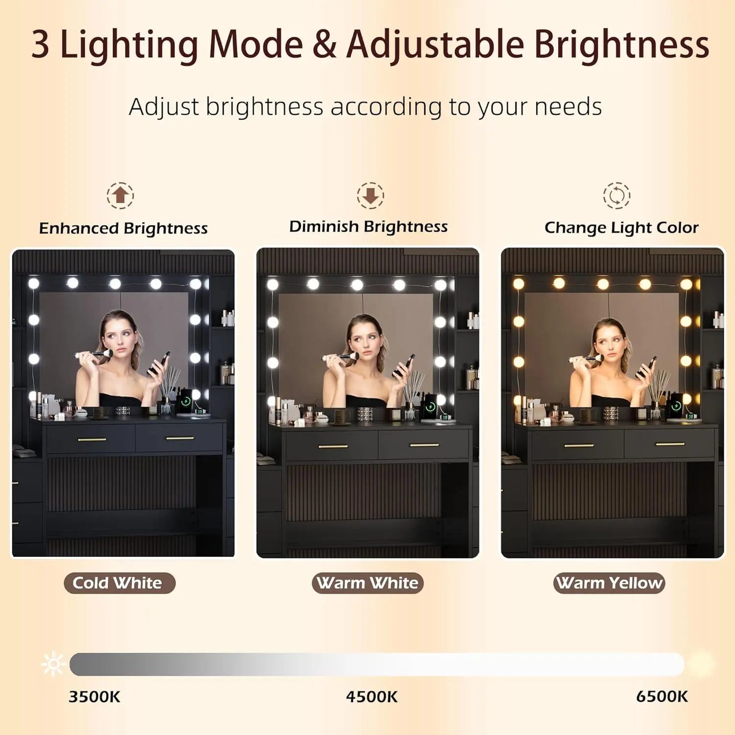 Matte Black Makeup Vanity Desk With Mirror And Lights — Black | KIMLUD