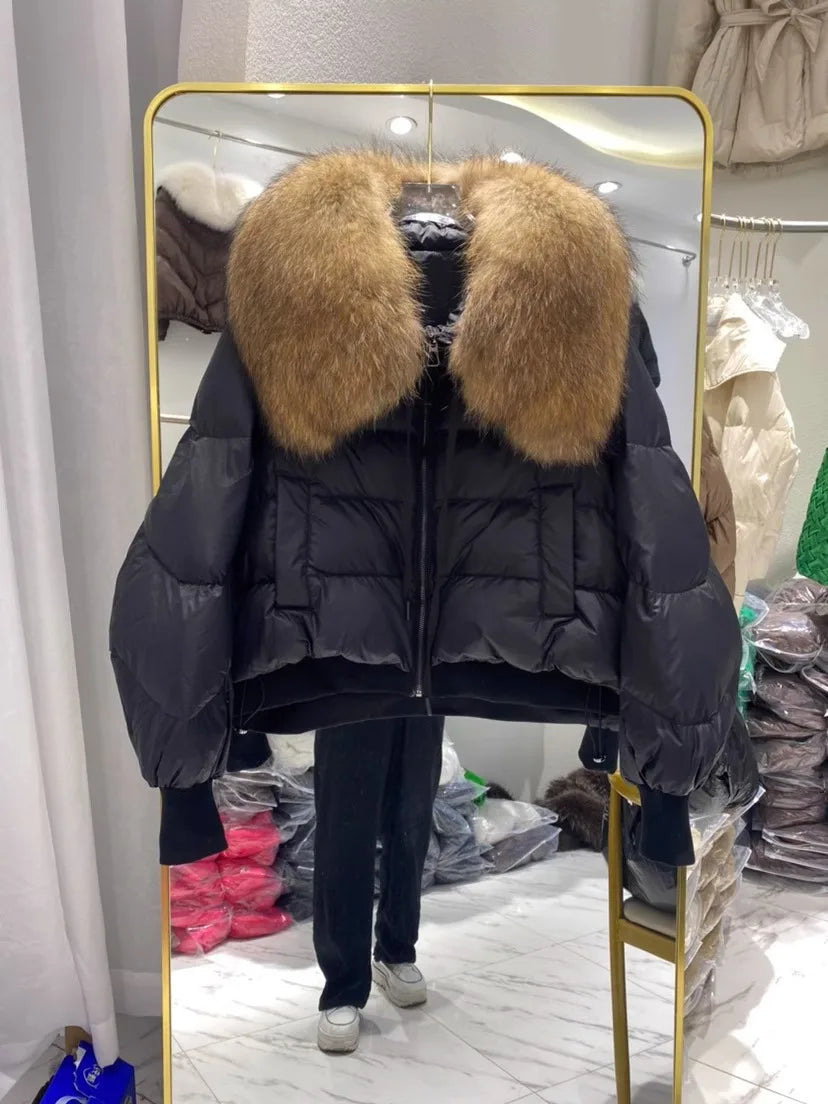 2023 Detachable Winter Jacket Women Real Natural Big Raccoon Fur Collar Thick Warm Duck Down Loose Oversize Outerwear Streetwear
