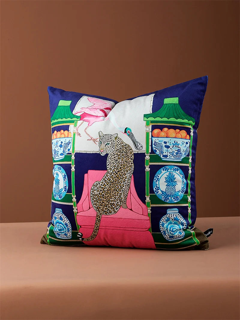 Pink Chinoiserie Pillow Covers 16x16 Inch Traditional Style Bird Dog Floral Vase Decorative Throw Pillow Case Velvet Double Side