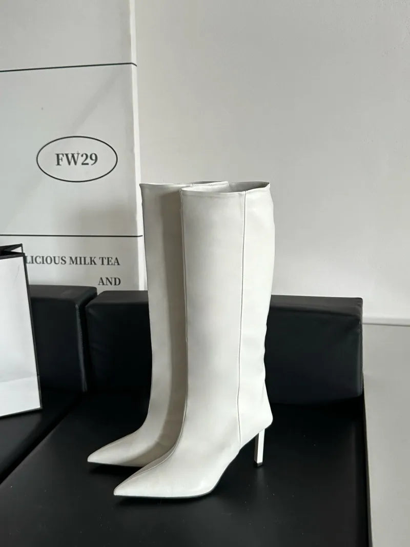 Fashion Retro Minimally Pointed Suede slim High Heels Knight Boots slip-on Knee-high Women's Shoes Pumps Botas De Mujer