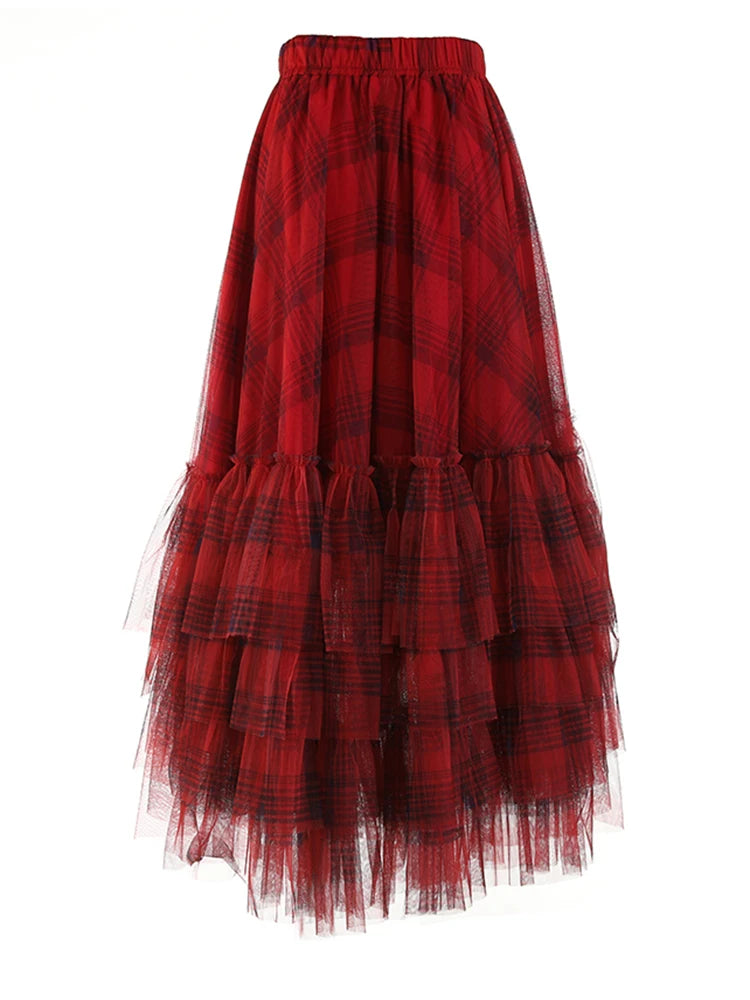 Skirt – High Elastic Waist – Jersey – Red Plaid | KIMLUD