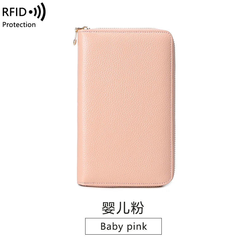 RFID Anti-Theft Cowhide Leather Wallet — Long Passbook Card Slots Black | KIMLUD