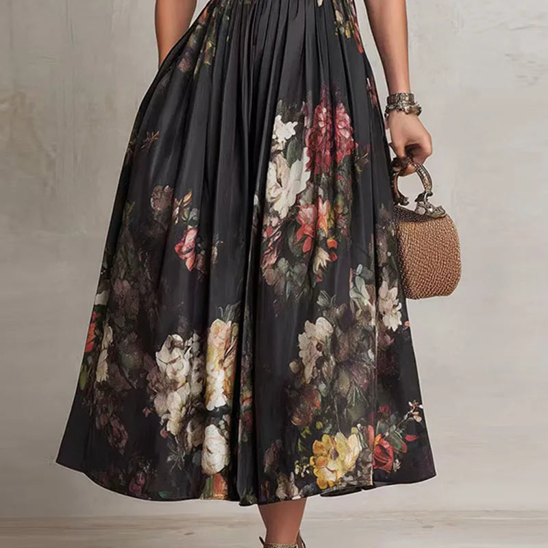 Satin A-Line Midi Dress Empire Waist Knife-Pleated Skirt — Black | KIMLUD