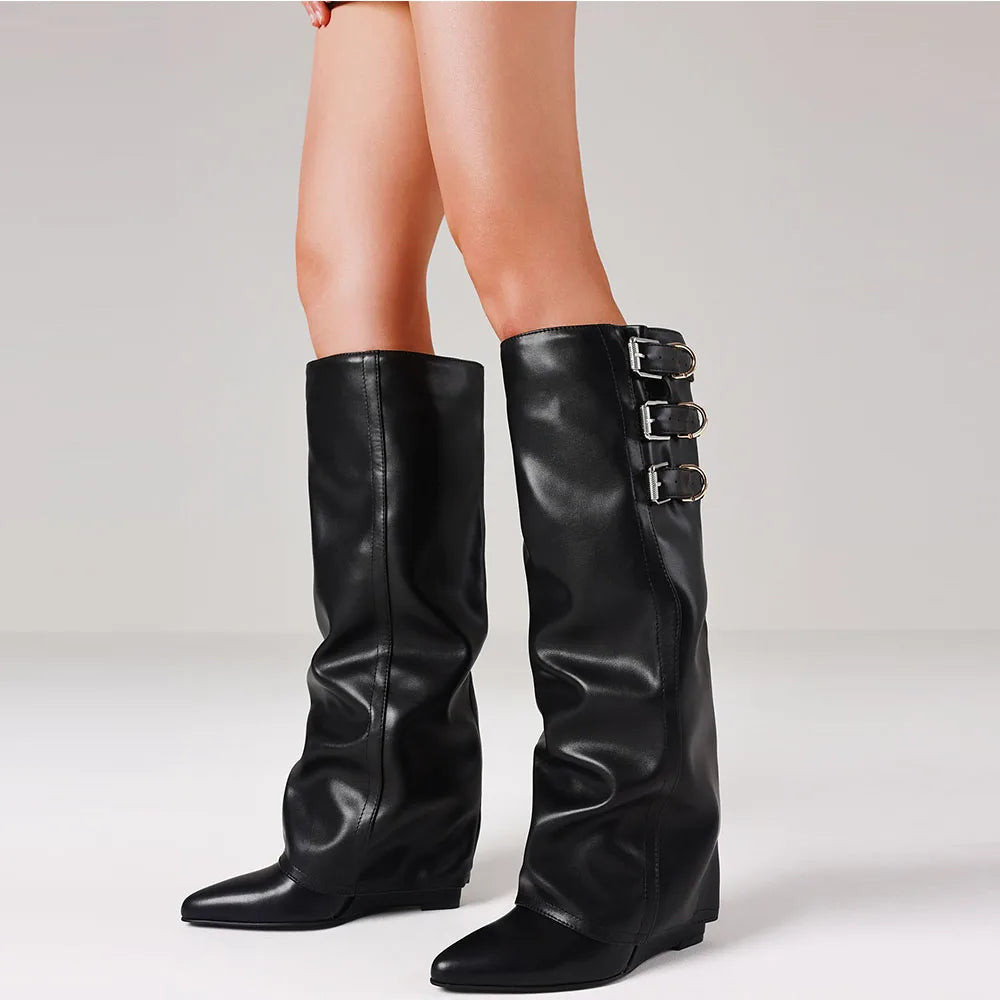 Sexy Fashion Women Fold Over Boots Pointed Toe Chunky Heels Multiple Metal Buckles Knee High Boots Nightclub Luxury Shoes