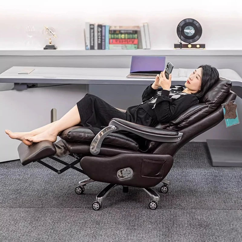 Leather Electric Office Chair Footrest Lift Rotatable — Espresso Black | KIMLUD