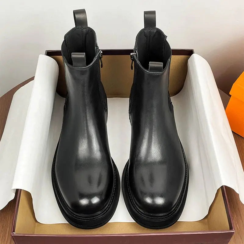 Leather Chelsea Boots Mid-Calf Round Toe — Black | KIMLUD