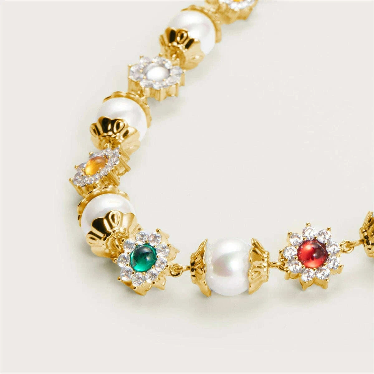 KIMLUD, New INS hot selling pearl flower set with diamonds, colorful gemstones, niche fashion, versatile gold-plated necklace, KIMLUD Womens Clothes