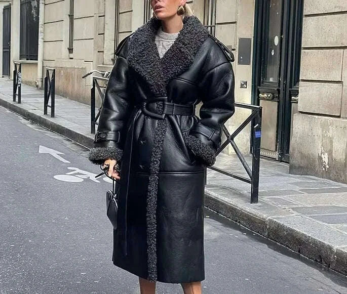 KIMLUD, Faux Fur Leather Long Jacket Women Lapel Long Sleeve Belt Thicken Female Coats Winter Fashion Street Patchwork Lady Outwear, KIMLUD Womens Clothes