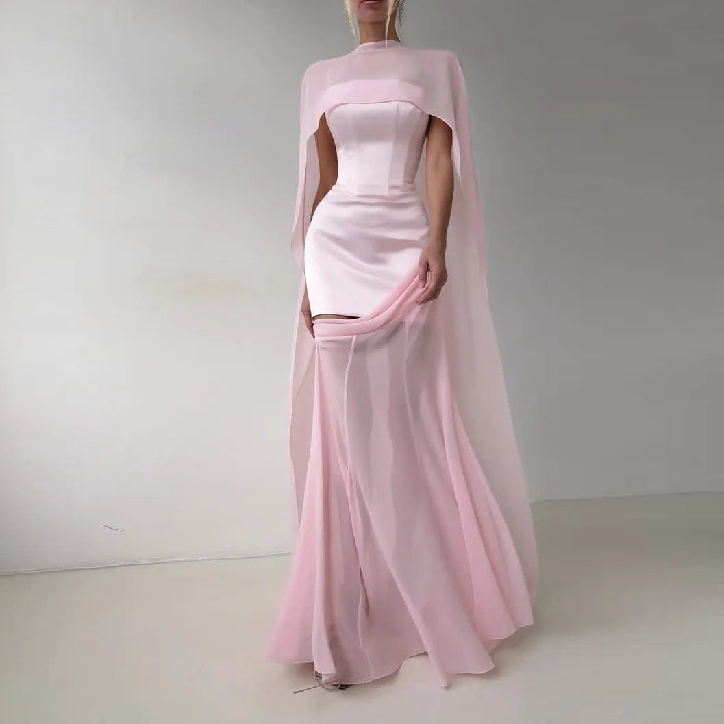 Pink Formal Dress with Cloak Backless Custom Made Sexy Prom Gowns See Through Chiffon Spaghetti New Couture Long Prom Dresses