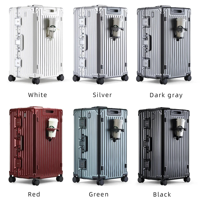 Aluminum Frame Suitcase With USB Cup Holder — Blue | KIMLUD