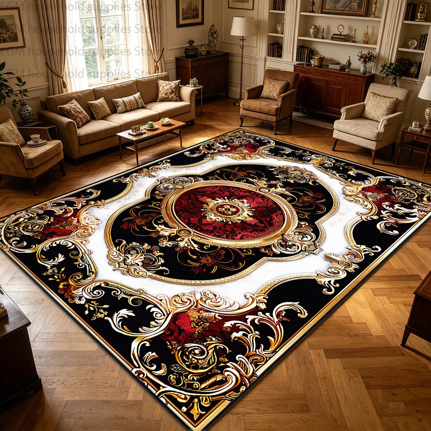Kilim Polyester Floral Area Rug — Red Gold | KIMLUD