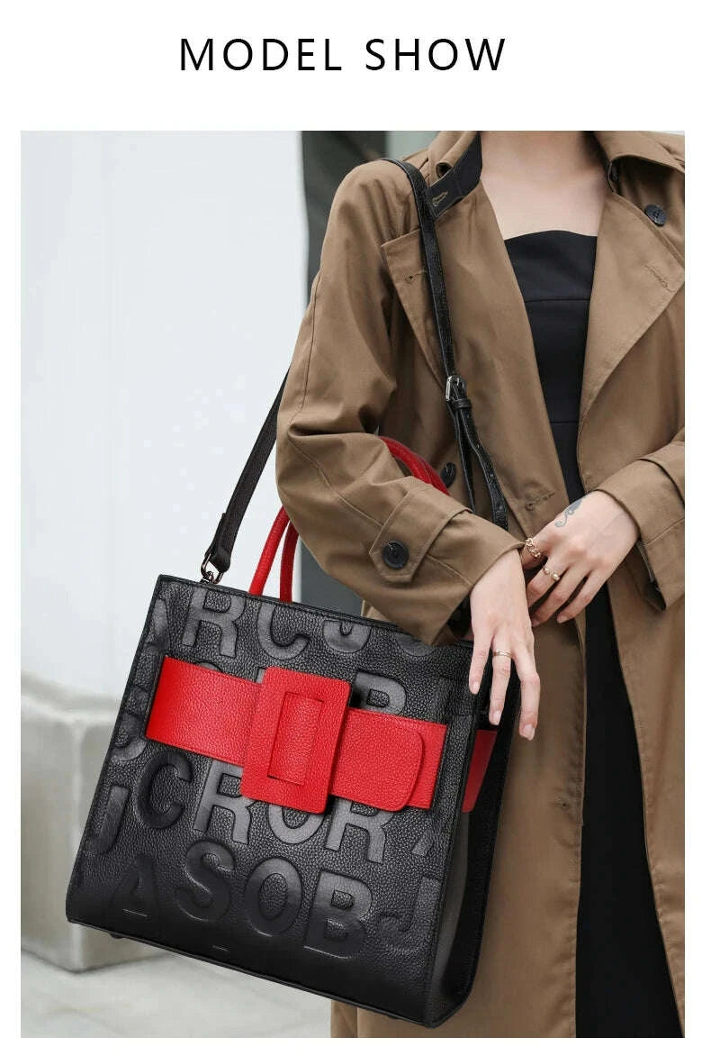 KIMLUD, Aidrani Fashionable women's large capacity handbag with letter print design, made of cowhide material, square, black, KIMLUD Womens Clothes