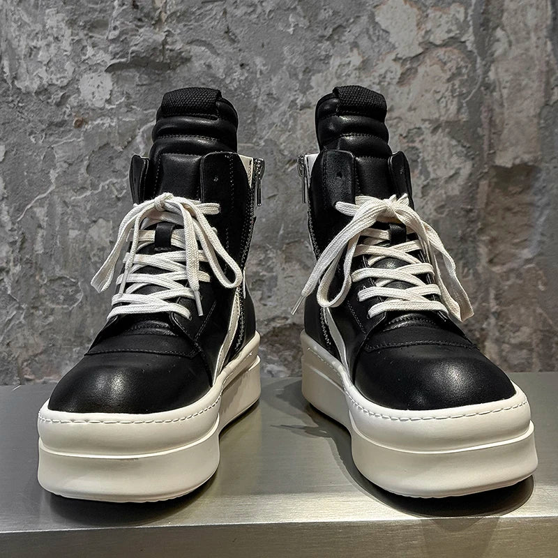 High Top Board Shoes – Side Zipper – Rubber Outsole – Black White | KIMLUD
