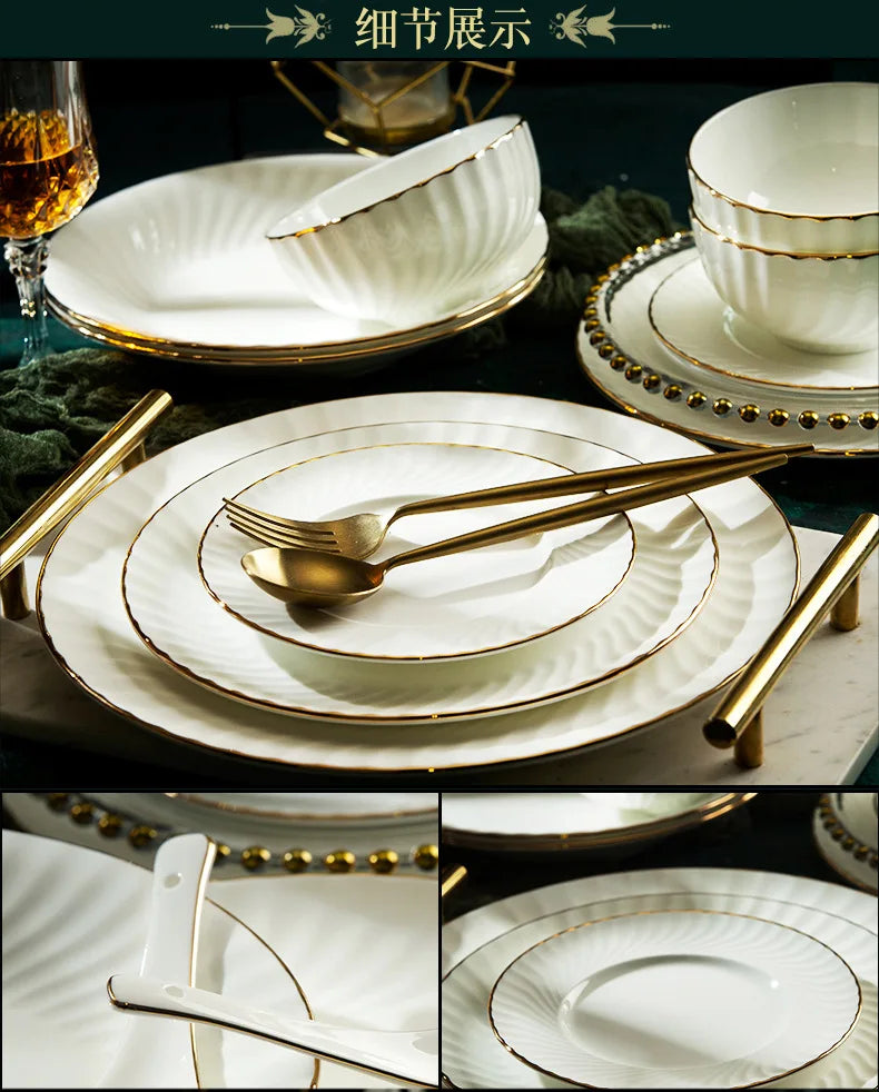 Bone China Dinnerware Set With Gold Accents — White | KIMLUD