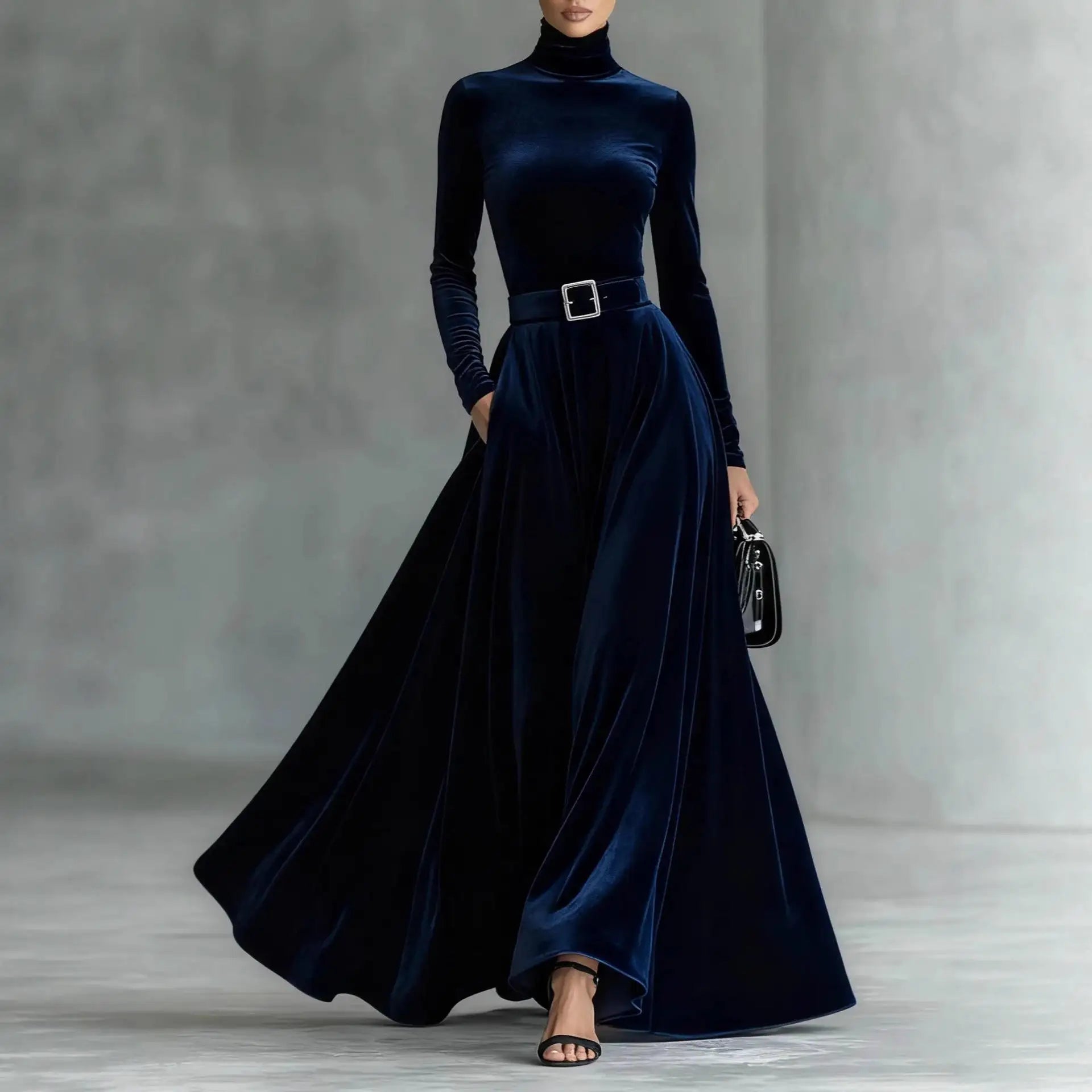 Velvet High Collar Evening Gown Mid-Waist Draped Skirt — Black | KIMLUD