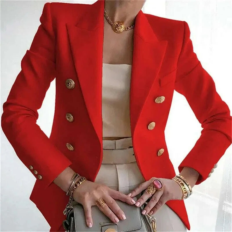 KIMLUD, Women's Elegant Metal Buckle White Suit Jacket Casual Office lady Blazer High-end Feel Western-style Clothe, KIMLUD Womens Clothes