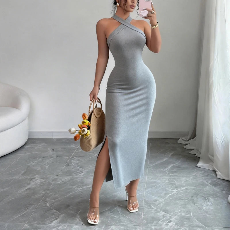 Knit Bodycon Midi Dress Halter Neck Side Slit — Burgundy | KIMLUD