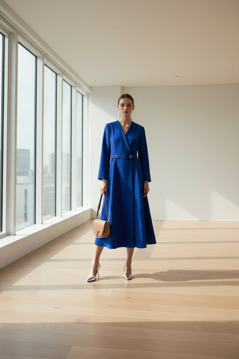 Polyester A-Line Long-Sleeve Formal Dress With Subtle Button Detailing — Blue | KIMLUD