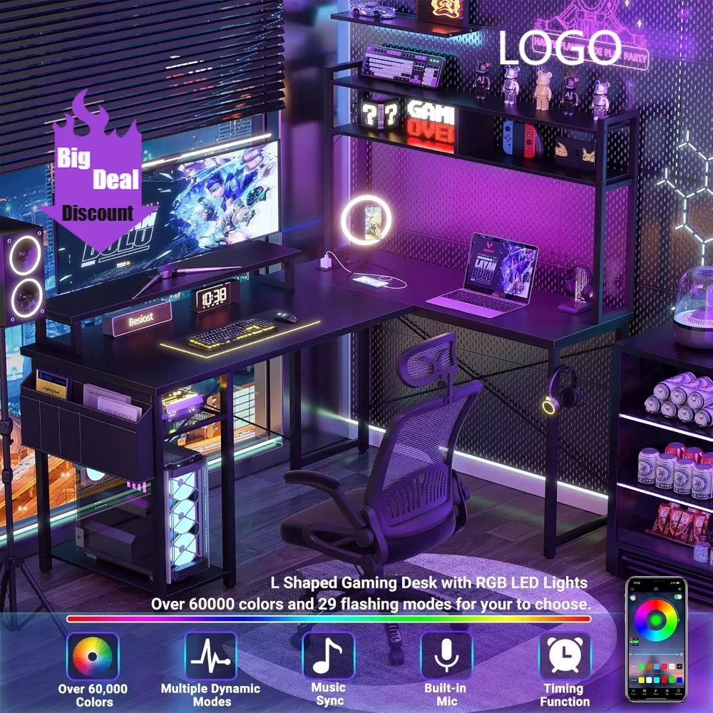 Top Rated Small L Shaped Desk Gaming Desk with Power Outlets, 48" Reversible L Shaped LED Computer Desk with Monitor Stand & Sto