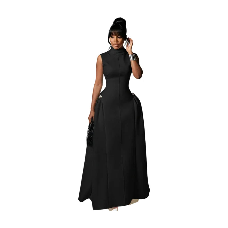 Women High Neck Sleeveless Fitted Floor Length Maxi Dress With Side Flared Detail For Formal Gala Wedding And Evening Party Occasion