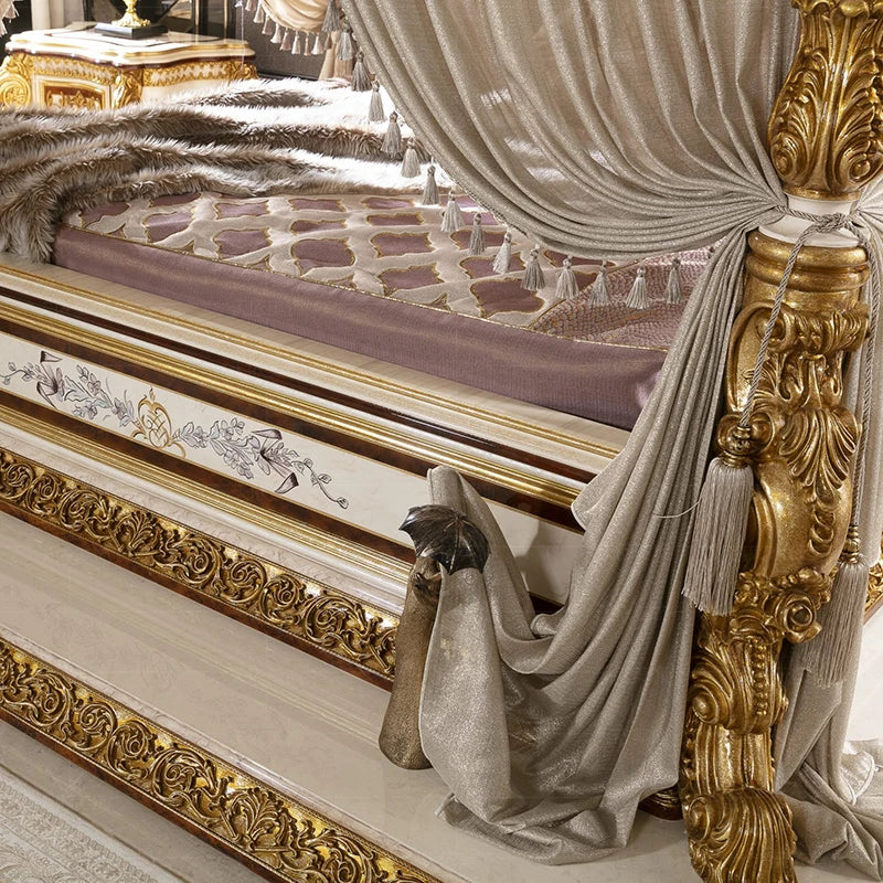 Wooden Bed With Romantic Detailing — Ivory | KIMLUD