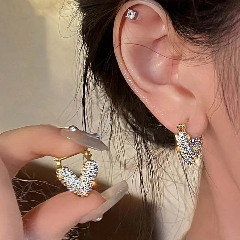 Gold-Tone Zircon Hoop Earrings Heartbeat Motif With Brilliant Crystals — Gold | KIMLUD