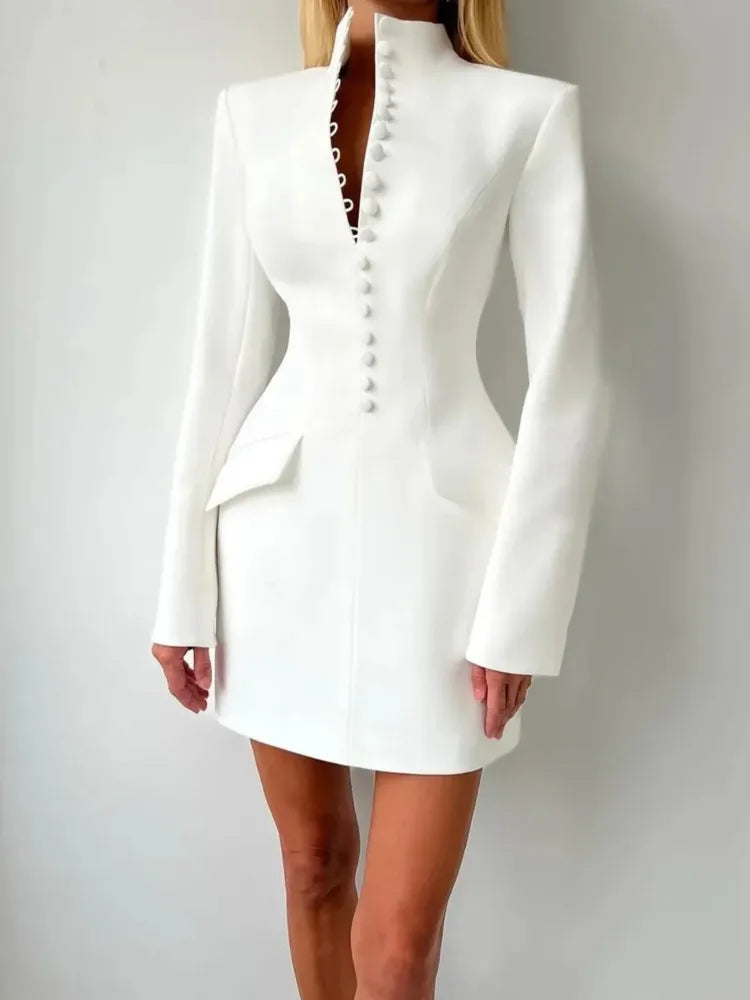 Blifanbo Elegant Long Sleeve Mini Dress Women Gown Bodycon Fashion Single Breasted Solid Patchwork Slim Sexy Club Party Dress