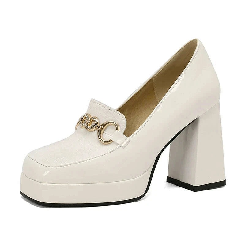 KIMLUD, Extra Big Size 49 50 Bright Yellow Metal Crystal Chain Woman's Pumps Spring Fall Shoes Slip-on Loafers Platform Block High Heels, KIMLUD Womens Clothes