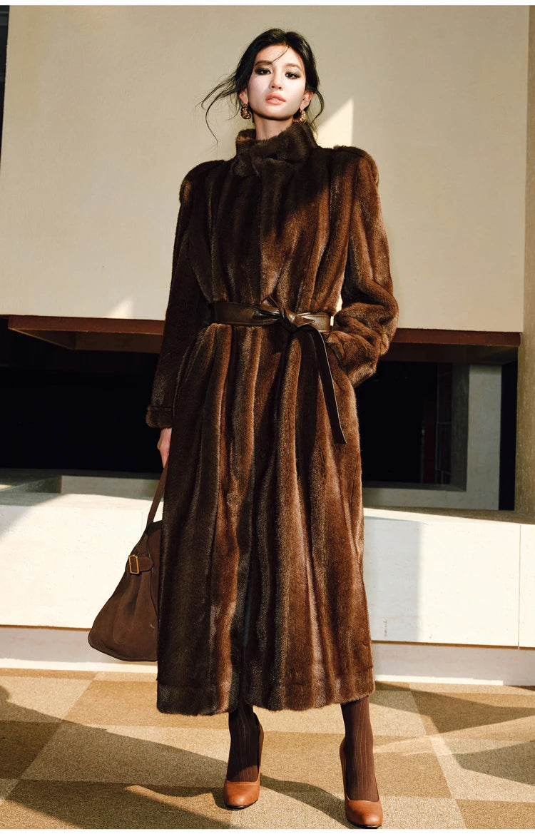 Lautaro Spring Winter Long Soft Thick Warm Brown Faux Mink Fur Coat Women Luxury High Quality Elegant Chic Fluffy Overcoat 2025