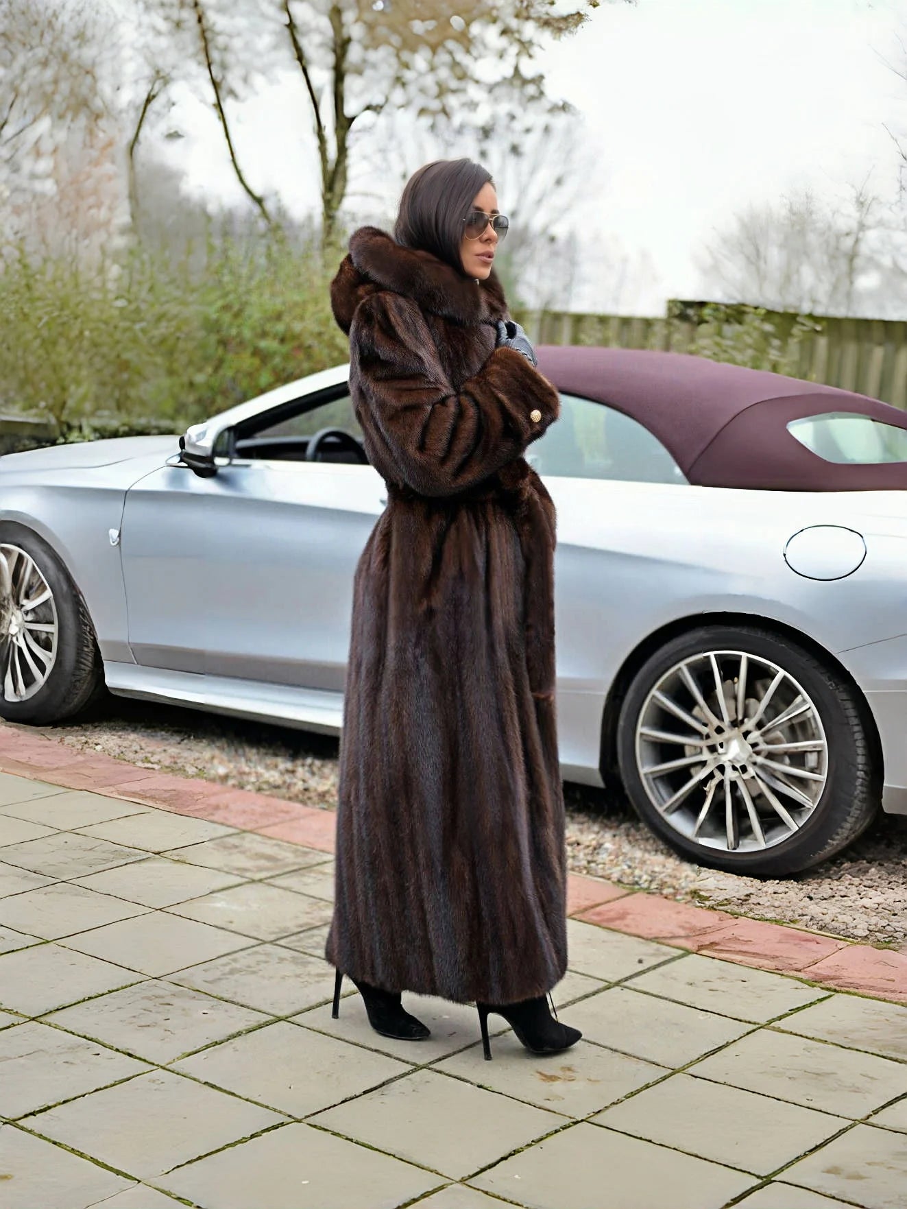 Faux Mink Fur Hooded Coat – Belted – Long Length – Dark Brown | KIMLUD