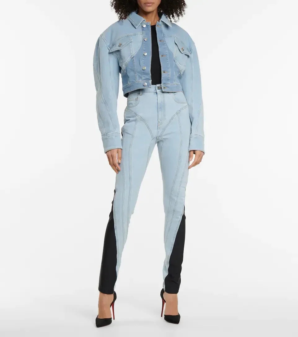 Patchwork Colorblock Women's Jeans High Waist Slim Casual Straight Denim Pencil Pants Female Fashion