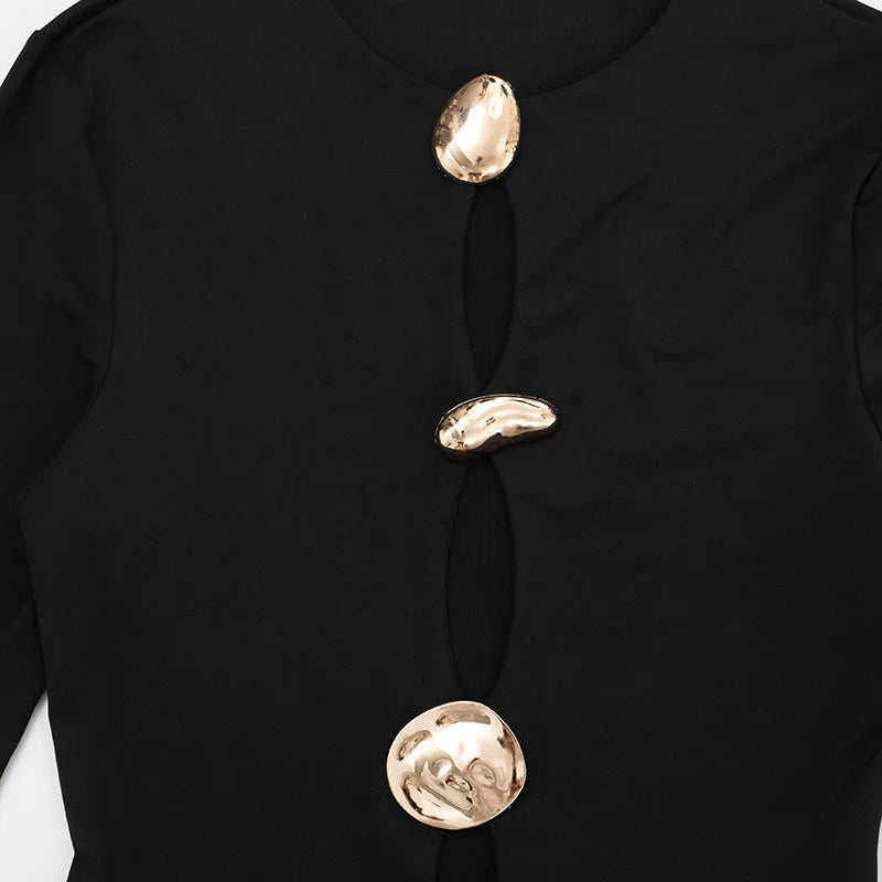 Chaxiaoa Hollow Out Long Sleeve Sexy Mini Dress Women Autumn Winter Button O Neck High Waist Ruched Club Party Dresses Elegant