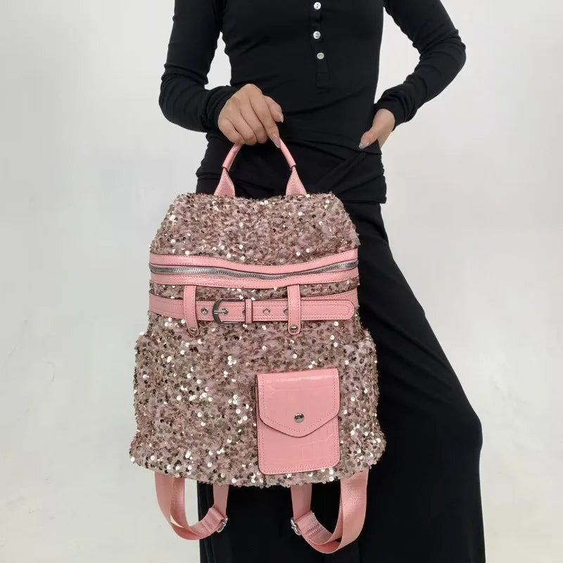 Backpack Shiny Sequin External Frame — Silver | KIMLUD