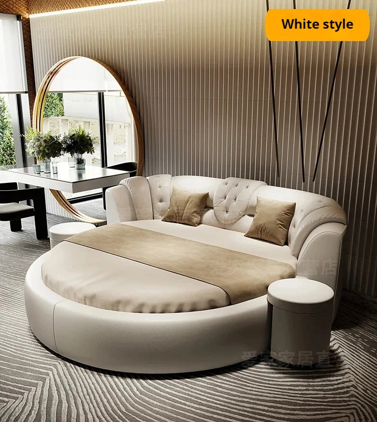 European Style Round Bed Luxury Leather Surface — Ivory White | KIMLUD