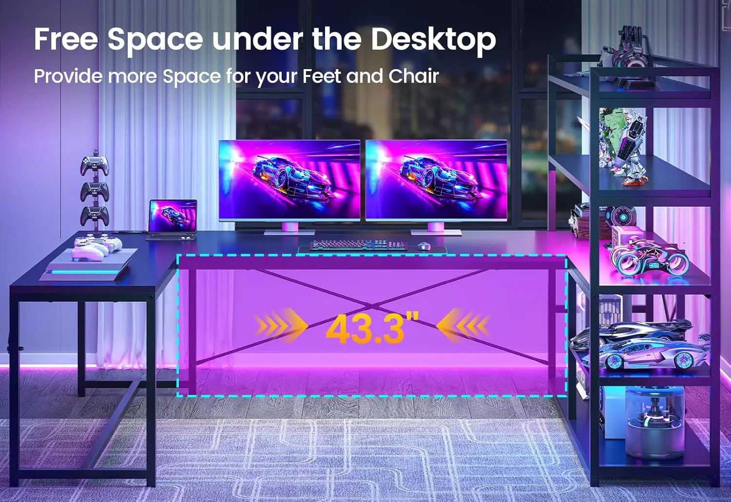 L-Shaped Desk With LED Lights, Power Outlet and Storage — Obsidian Blue | KIMLUD