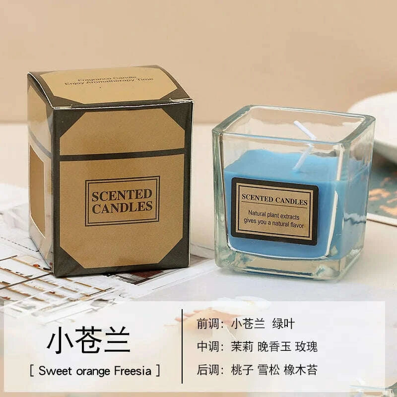 KIMLUD, Candy Color Fragrance Candle Fragrance Environment Glass Square Cup Bedroom Household Decoration Small and Fresh, KIMLUD Womens Clothes