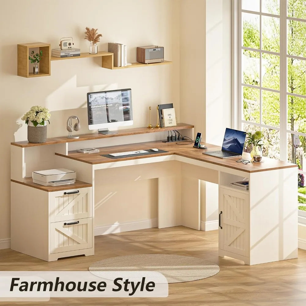 63" Farmhouse L Shaped Executive Desk with Drawers & Storage Shelf, Corner Computer Desk with Power Outlets, L Shaped Office Des