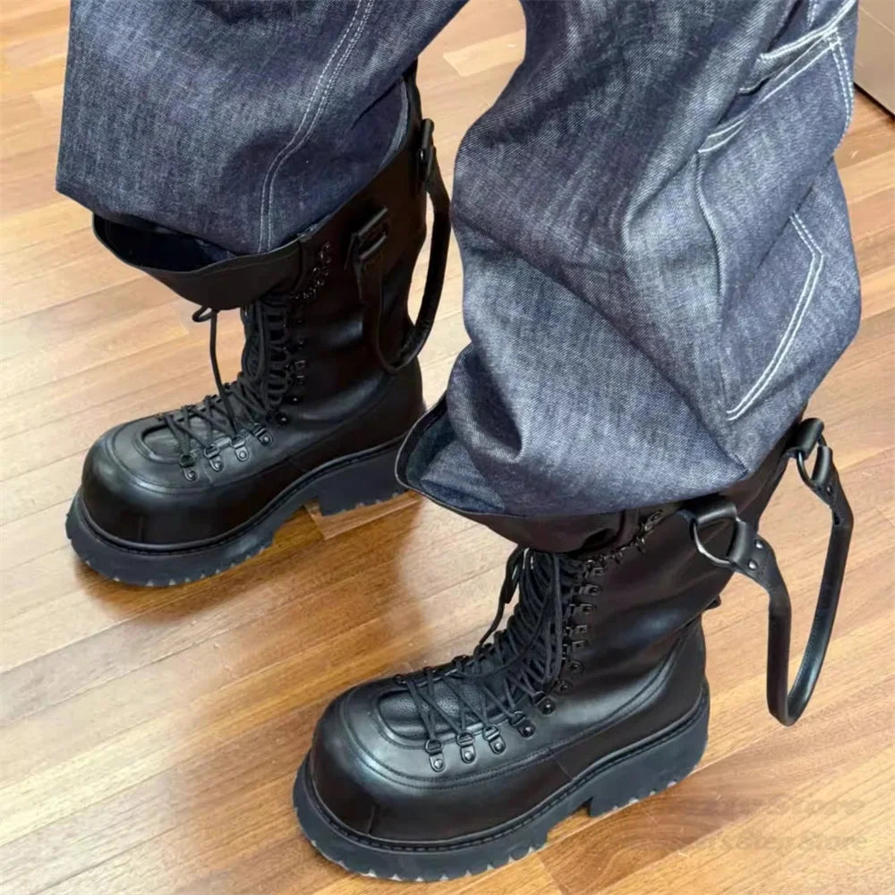 Handheld Boot for Couples Super Cool Big Toe Cross Strap High Top Lace Up Work Boot Men Black Leather Chunky Heel Knee High Boot