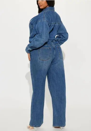 Denim Jumpsuit High Waist Pocket Turn-Down Collar — Deep Indigo | KIMLUD