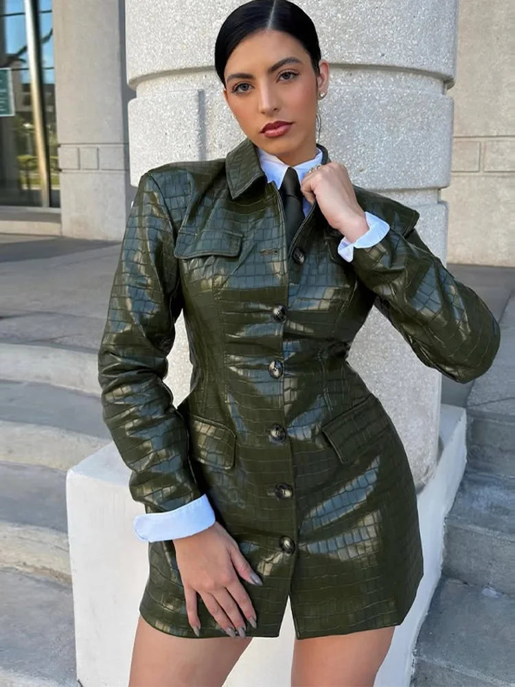 PU Leather Dresses Lapel Blazer Long Sleeve — Black | KIMLUD