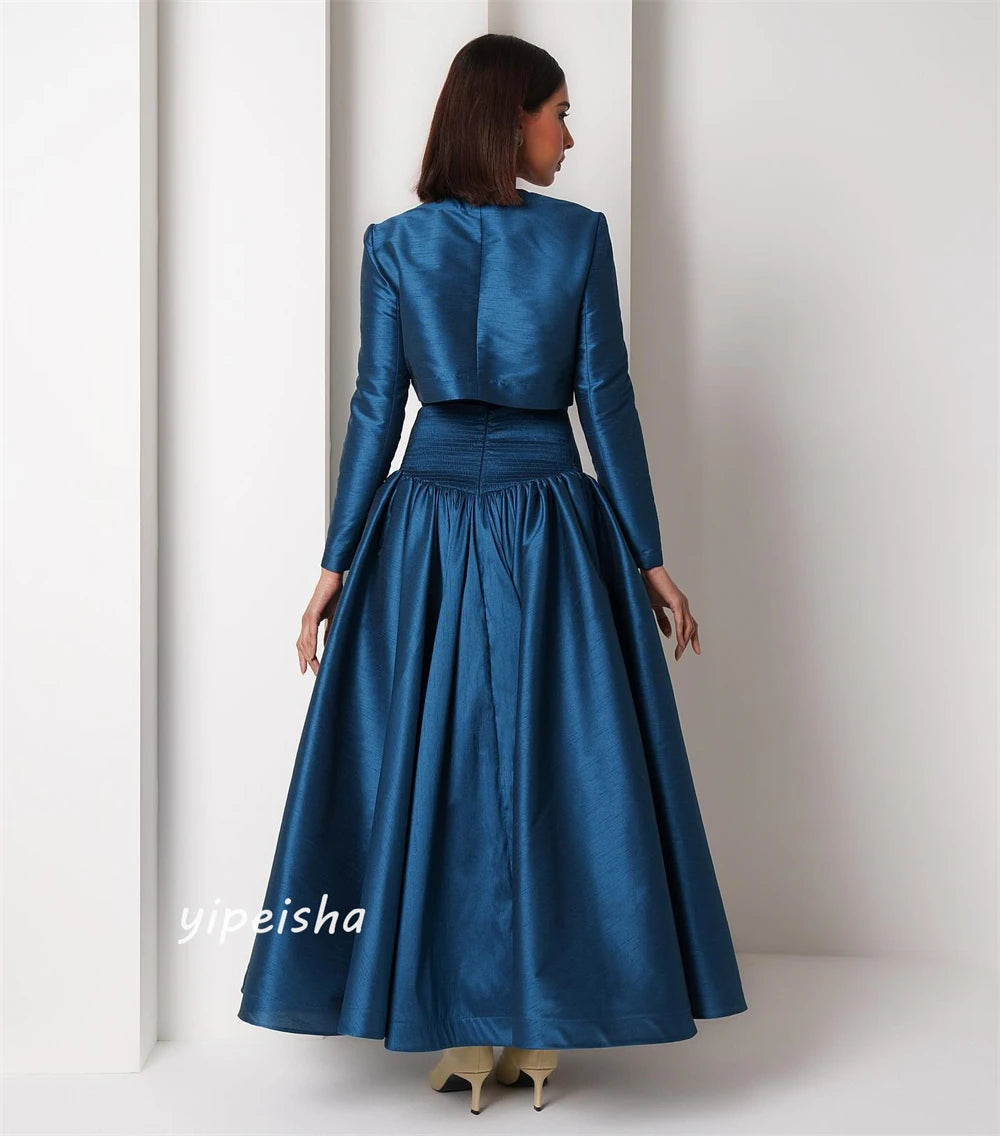 Draped Satin Evening Dress - Built-In Bra - A-Line Silhouette - O-Neck | KIMLUD