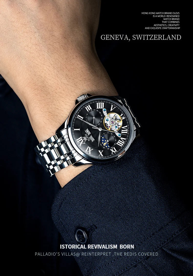 Moon Phase Mechanical Watch Automatic Self-Wind — Silver | KIMLUD