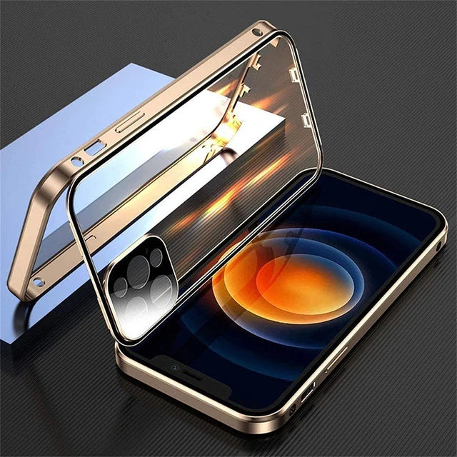 360 Full Protection Metal Magnetic Double Sided Glass Snap Lock Case For iPhone 17 16 15 14 12 13 Pro Max Lens Protection Cover